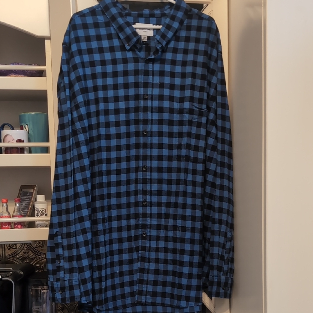Blue and Black Casual Button Down Shirt with Classic Checkered Pattern